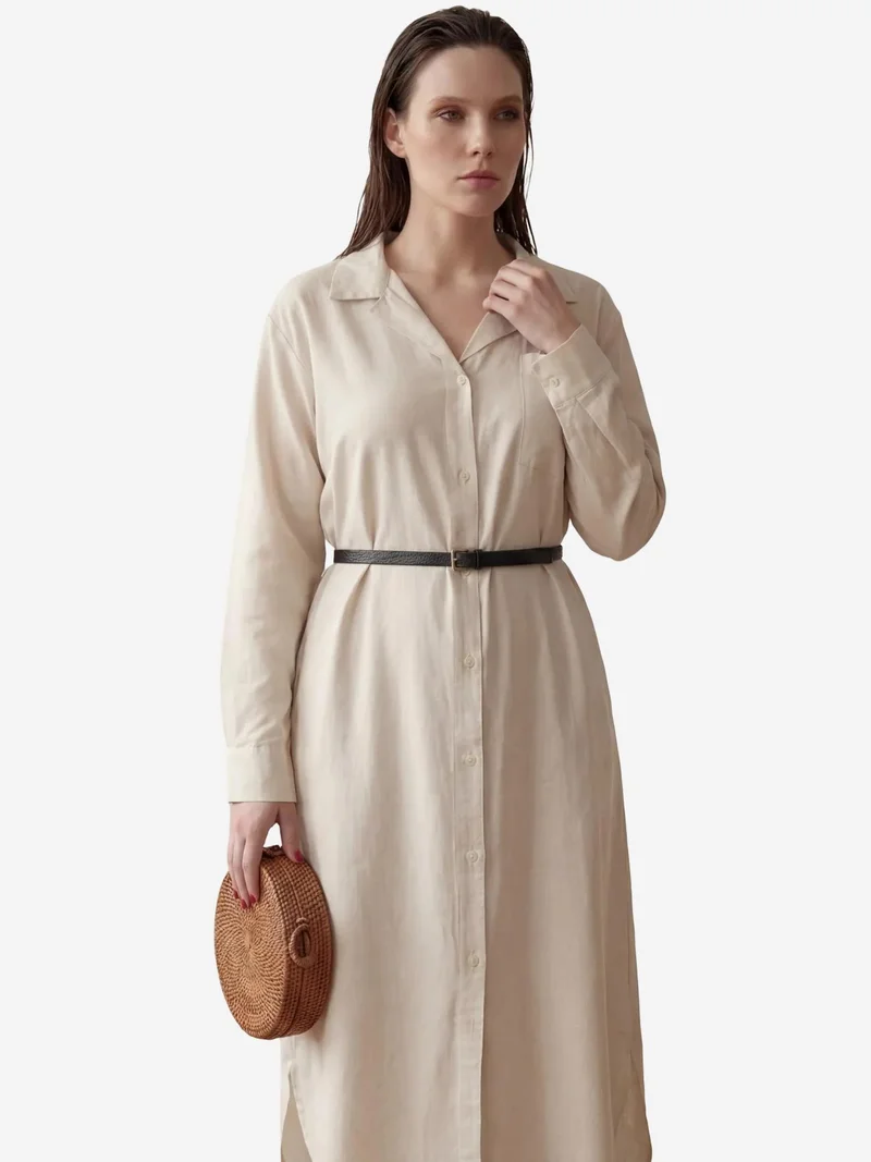 MY FASHION Beige Natural MY FASHION Linen Blend Midi Dress with Button Closure and Pocket for Women | Best Price UAE